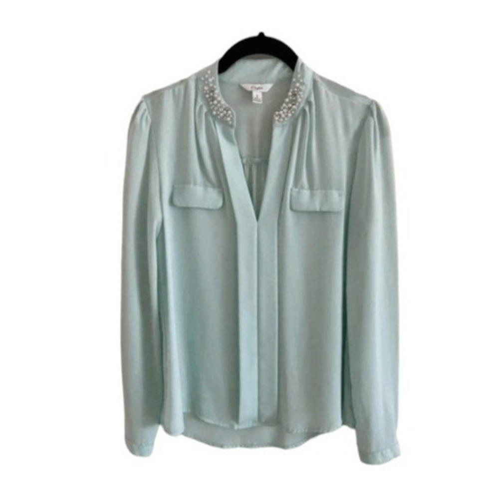 Candie's Pearl Embellished Collar Blouse Mint Green Long Sleeve Pull-Over S